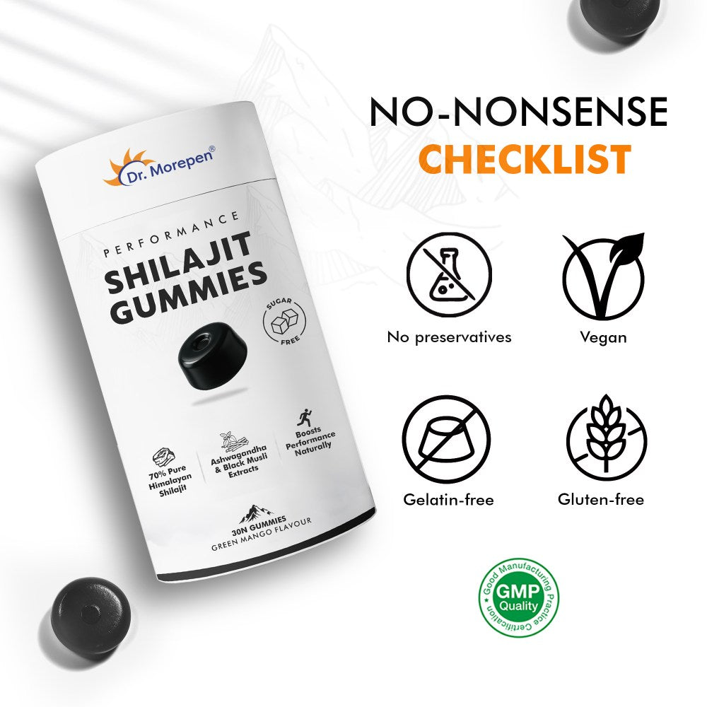 Dr. Morepen Shilajit Gummies with 70% Pure Himalayan Shilajit, Ashwagandha & Black Musli Extracts, Sugar-Free Performance Booster Green Mango Flavour, 30 Gummies