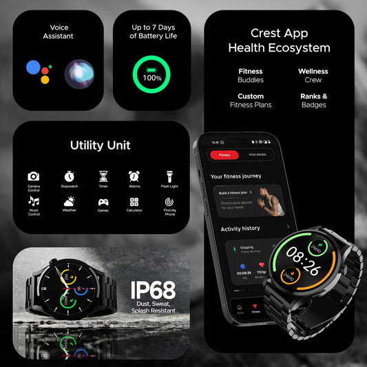 boAt Lunar Embrace w/ 1.51" (3.8 cm) AMOLED Display, BT Calling, Functional Crown, Metal-Built, 100+ Sports Mode, Animated Watch Faces, Built-in Games, Smart Watch for Men & Women (Steel Black)