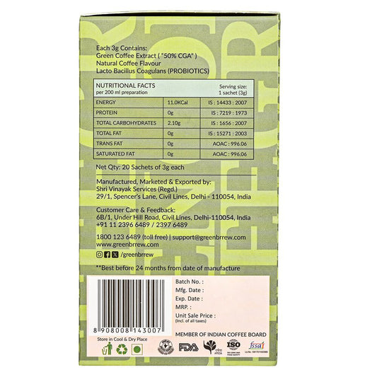 Green Brrew Natural Green 100% Unroasted Coffee, Classic Blend - Daily Regular (60 gms)