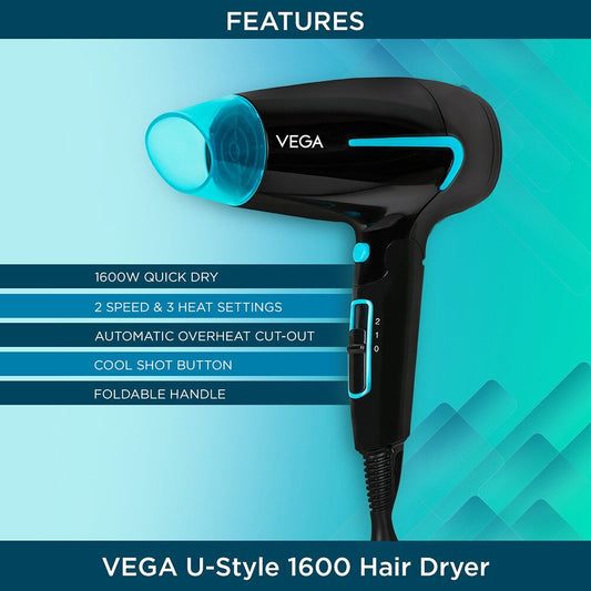 Vega Hair Dryer For Women & Men With Cool Shot Button (U-Style Dryer 1600 Watts)