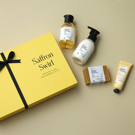 Brillare Saffron Swirl Gift Box | Saffron & Coconut Body Lotion, Body Wash, Bathing Bar & Hand Crème | Healing & Rejuvenating Skincare For All Skin Types (Pack of 4)