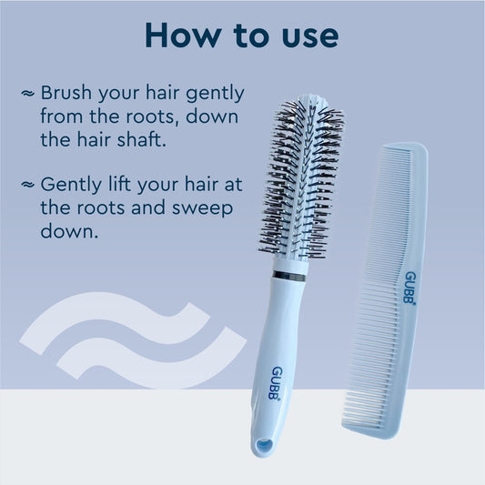GUBB Grooming Stylish Combo of Round Rolling Curling Roller Comb Hair Brush & Half Coarse and Half Fine General Grooming Comb (Blue)