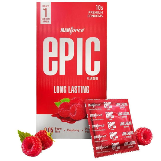 Manforce Epic Pleasure Long Lasting Premium Condom for Men, Super Thin - Raspberry Flavour with Disposable Pouch (10 pcs)