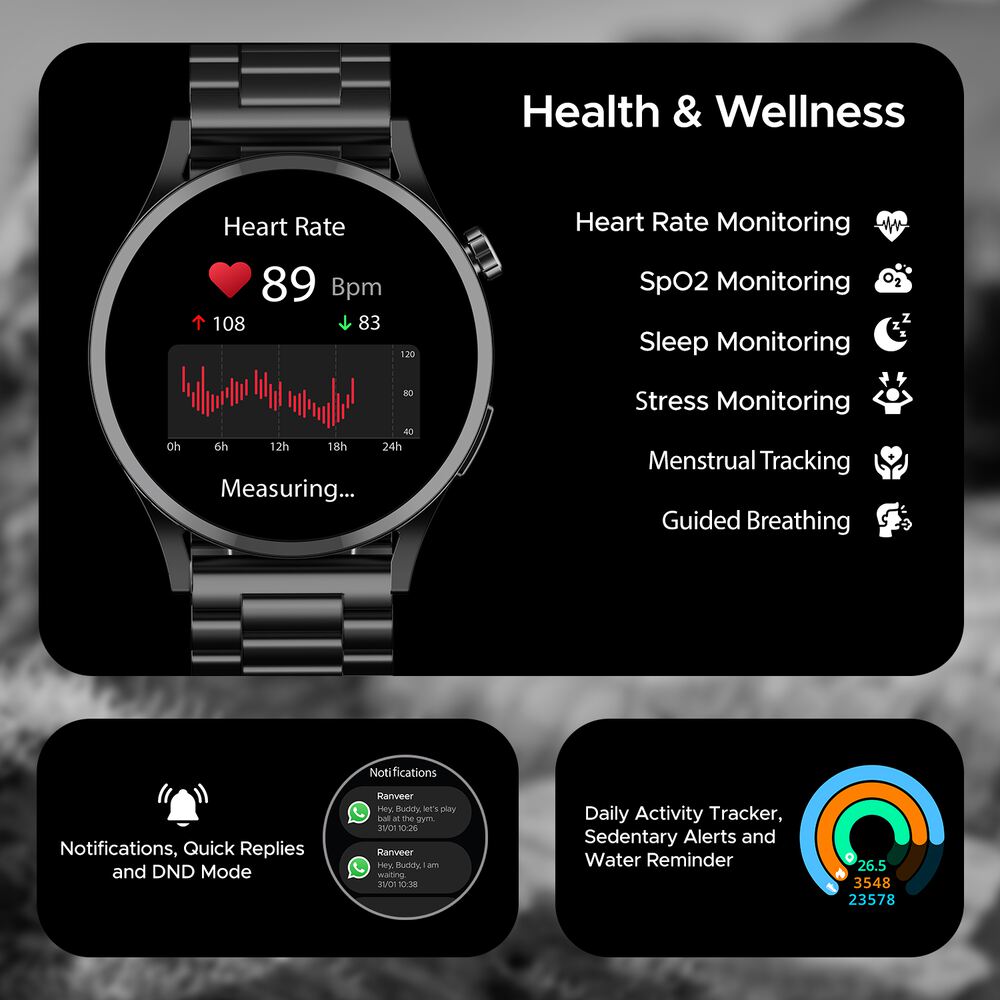 boAt Lunar Embrace w/ 1.51" (3.8 cm) AMOLED Display, BT Calling, Functional Crown, Metal-Built, 100+ Sports Mode, Animated Watch Faces, Built-in Games, Smart Watch for Men & Women (Steel Black)