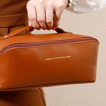 GUBB Multifunctional Travel Makeup Bag - Large Capacity Portable Leather Makeup Bag with Convinient & Durable Handle - Cosmetics Storage Bag with Waterproof PU Leather Fabric - Brown