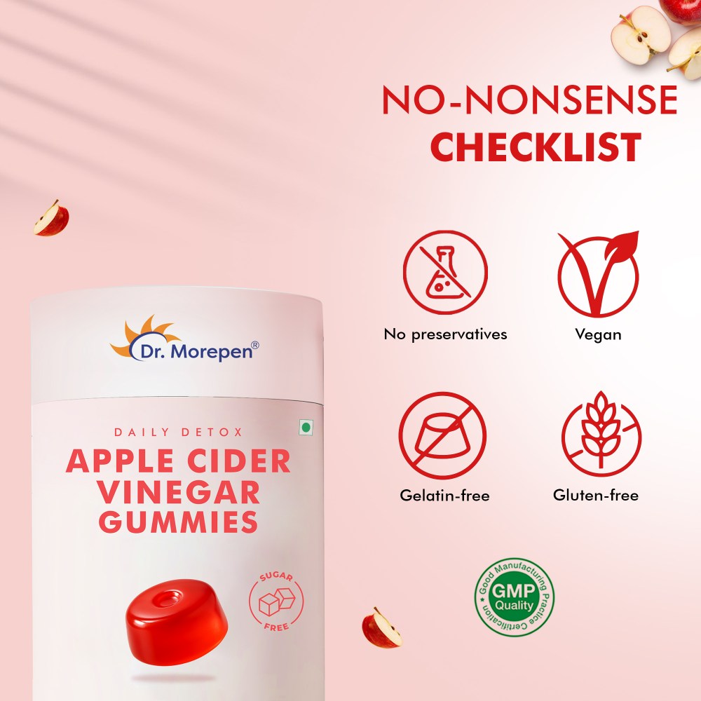 Dr. Morepen Apple Cider Vinegar Gummies with Pomegranate, Beetroot & Vitamin B12, Sugar-Free Daily Detox Supplement  Apple Flavour, 30 Gummies