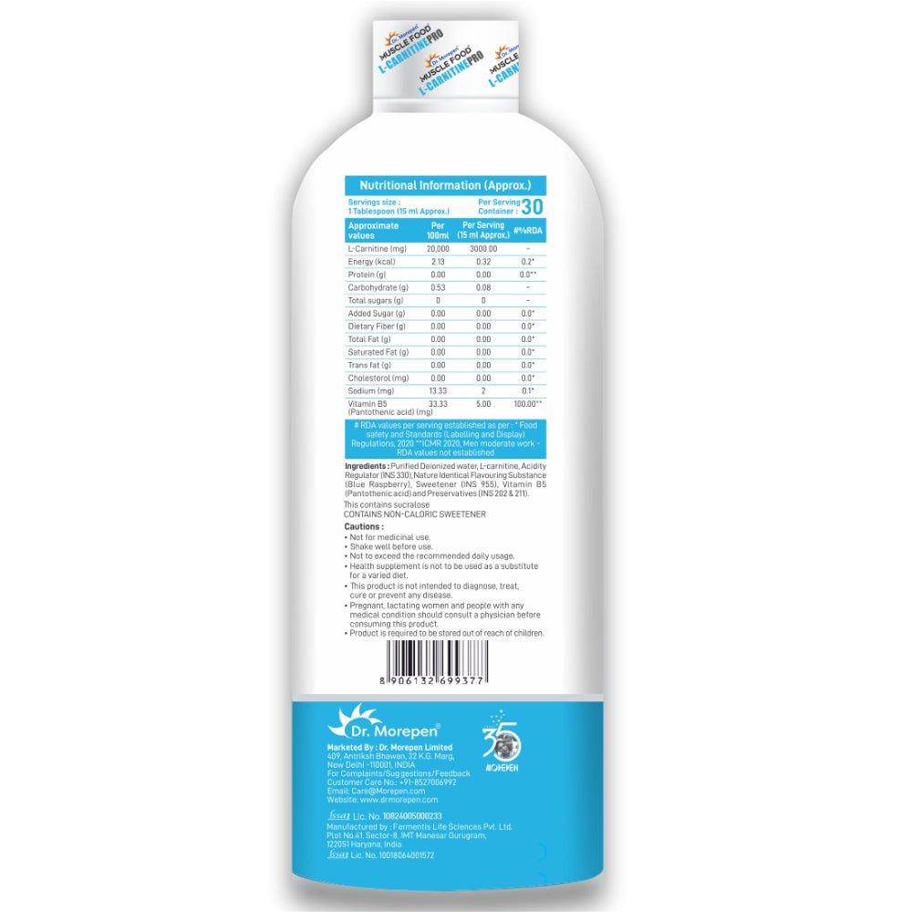 Dr. Morepen Muscle Food L-Carnitine Pro - Blue Raspberry Liquid, 450ml, 30 Servings