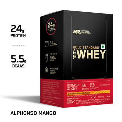 Optimum Nutrition Gold Standard 100% Whey - Alphonso Mango - Single Serve Sachets- Pack of 5 (5 X 31 gms)