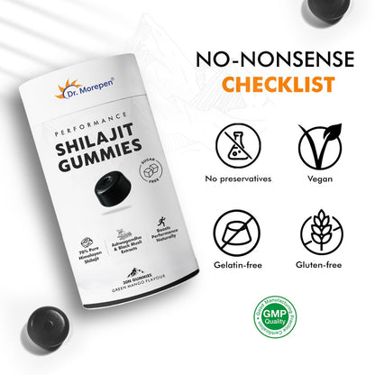 Dr. Morepen Shilajit Gummies with 70% Pure Himalayan Shilajit, Ashwagandha & Black Musli Extracts, Sugar-Free Performance Booster  Green Mango Flavour, 30 Gummies