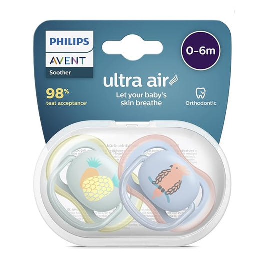 Philips Avent Ultra Air Soother - 2 x Light, Breathable Baby Soothers for Babies Aged 0-6 Months, BPA-Free with Steriliser Carry Case (SCF085/59)