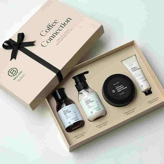 Brillare Coffee Connection Gift Box | Coffee & Coconut Body Wash, Body Lotion, Body Scrub & Hand Creme | Energizing & Nourishing Skincare For All Skin Types (Pack of 4)