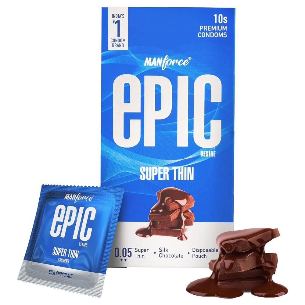 Manforce Epic Desire Super Thin Premium Condoms - Silk Chocolate Flavour with Disposable Pouch(10 pcs)