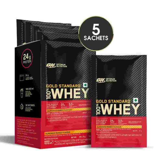 Optimum Nutrition Gold Standard 100% Whey - Alphonso Mango - Single Serve Sachets- Pack of 5 (5 X 31 gms)