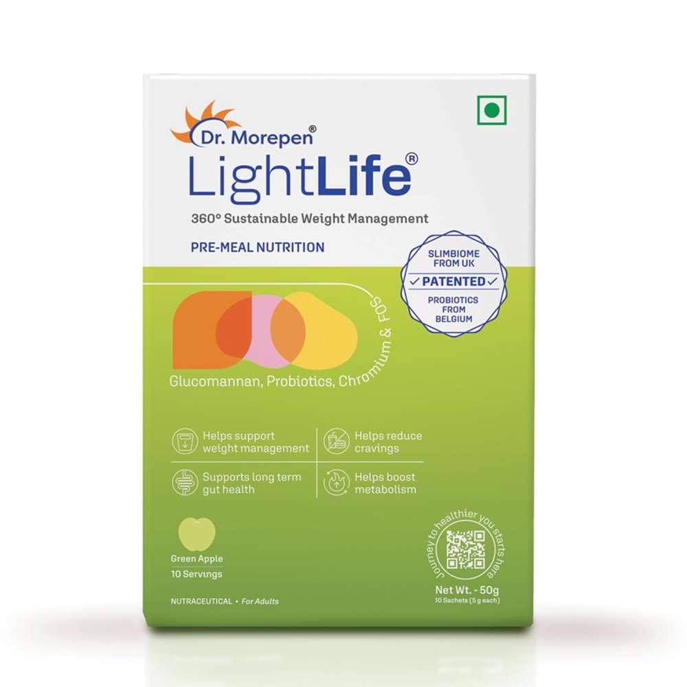 Dr. Morepen LightLife Pre-Meal Nutrition Mix | Sustainable Weight Management Support for Men & Women | Appetite Control & Metabolism Booster | 10 Sachets (5g Each) | Flavor-Green Apple