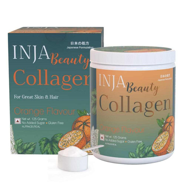 INJA Beauty Collagen for Skin, Hair & Nails, with Vitamin C, Glutathione, Biotin & More (Orange Flavour, 125 gms)