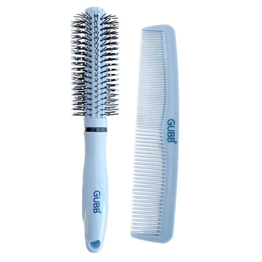 GUBB Grooming Stylish Combo of Round Rolling Curling Roller Comb Hair Brush & Half Coarse and Half Fine General Grooming Comb (Blue)