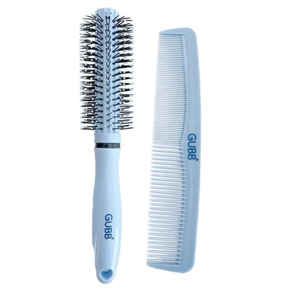 GUBB Grooming Stylish Combo of Round Rolling Curling Roller Comb Hair Brush & Half Coarse and Half Fine General Grooming Comb (Blue)