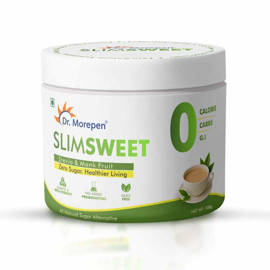 Dr. Morepen SlimSweet Natural Sugar Substitute with Stevia & Monk Fruit | Zero Calorie, Zero Sugar Sweetener | Keto-Friendly, Diabetic-Safe Sugar Alternative | 150g