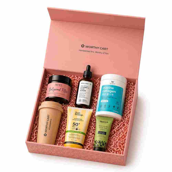 Worthycart Mother's Day gift pack (Renee Bollywood filter-15 gms, Wellbeing Nutrition Pure Korean Collagen-200 gms, Quench Botanics Under Eye Cream-15 ml, Sunscoop Hydrating Sunscreen SPF 50+-45 gms & Worthy Eco-Friendly Sipper)