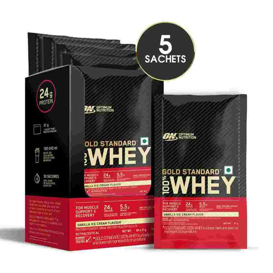 Optimum Nutrition Gold Standard 100% Whey - Vanilla Ice Cream -  Single Serve Sachets- Pack of 5 (5 X 31 gms)
