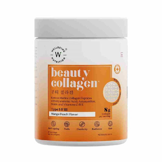 Wellbeing Nutrition Beauty Korean Marine Collagen Peptides - Mango Peach (250 gms)