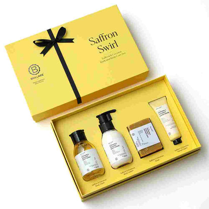 Brillare Saffron Swirl Gift Box | Saffron & Coconut Body Lotion, Body Wash, Bathing Bar & Hand Crème | Healing & Rejuvenating Skincare For All Skin Types (Pack of 4)