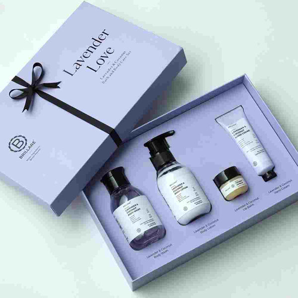 Brillare Lavender Love Gift Box | Lavender & Coconut Body Wash, Body Lotion, Lip Balm & Hand Crème | Soothing & Calming Skincare For All Skin Types (Pack of 4)