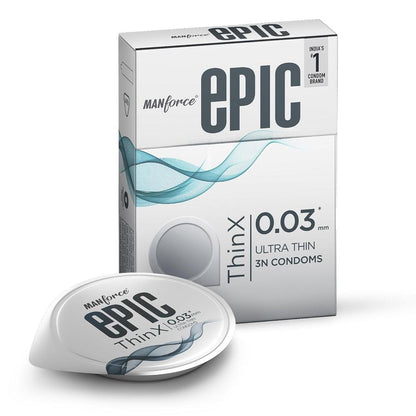 Manforce Epic Thinx Lubricated Latex Condoms for Men - Ultra Thin with 0.03 mm Thickness (3 pcs)