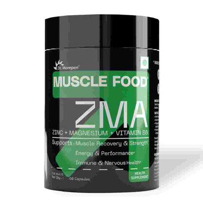 Dr. Morepen Muscle Food ZMA ZINC +MAGNESIUM + VITAMIN B6 Enhance recovery, sleep, and performance with essential ZMA support- 60 Capsules