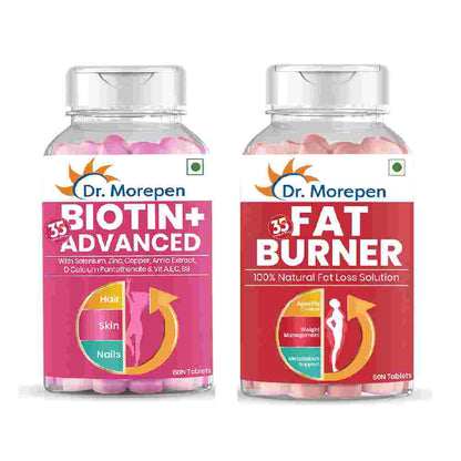 DR. MOREPEN Biotin+ and Fat Burner for Hair Growth, Glowing Skin & Healthy Nails, Multivitamins + Natural Extracts - 60 Veg Tablets