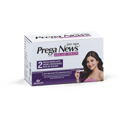 Prega News Value Pack ( 2 Gloves + 2 Urine Containers + 2 Pregnancy Test Kits) Accurate Result in Just 3 Minutes