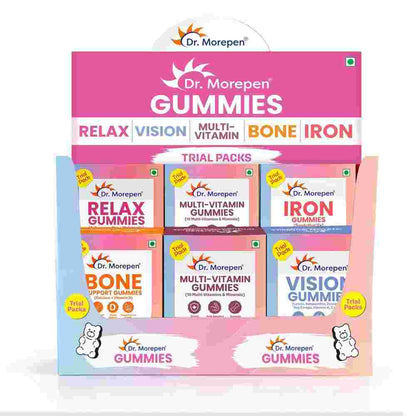 Dr. Morepen Gummies Trial Pack Combo  Relax, Vision, Multivitamin, Bone & Iron Gummies | Assorted Gummies Trial Packs for Daily Nutrition