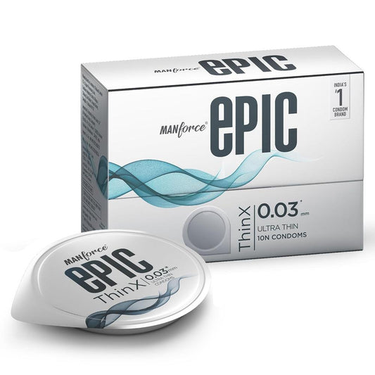 Manforce Epic Thinx Lubricated Latex Condoms for Men - Ultra Thin with 0.03 mm Thickness (10 pcs)
