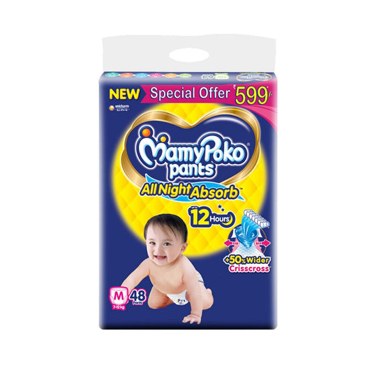 MamyPoko Pants All Night Absorb Baby Diapers, Medium (Pack of 48) 7-12 kg