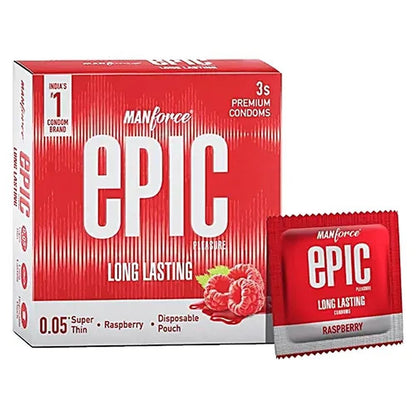 Manforce Epic Pleasure Long Lasting Premium Condom for Men, Super Thin - Raspberry Flavour with Disposable Pouch (3 pcs)