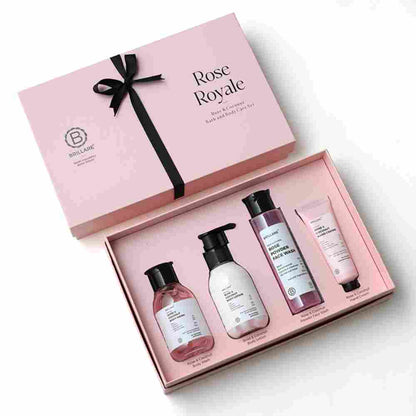 Brillare Rose Royale Gift Box | Rose & Coconut Body Wash, Body Lotion, Rose Powder Face Wash & Hand Crème | Luxurious & Nourishing Skincare For All Skin Types (Pack of 4)