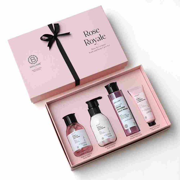 Brillare Rose Royale Gift Box | Rose & Coconut Body Wash, Body Lotion, Rose Powder Face Wash & Hand Crème | Luxurious & Nourishing Skincare For All Skin Types (Pack of 4)