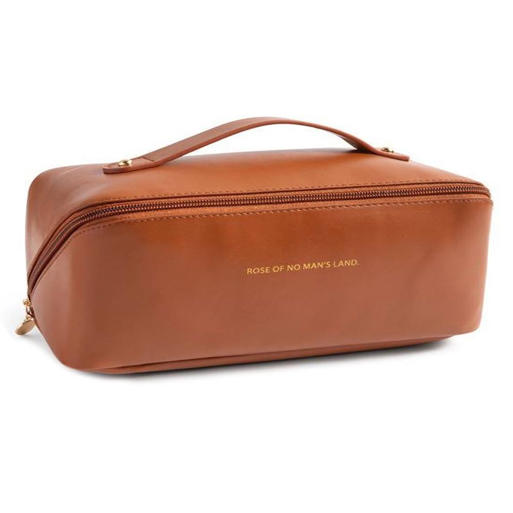 GUBB Multifunctional Travel Makeup Bag - Large Capacity Portable Leather Makeup Bag with Convinient & Durable Handle - Cosmetics Storage Bag with Waterproof PU Leather Fabric - Brown