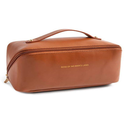 GUBB Multifunctional Travel Makeup Bag - Large Capacity Portable Leather Makeup Bag with Convinient & Durable Handle - Cosmetics Storage Bag with Waterproof PU Leather Fabric - Brown