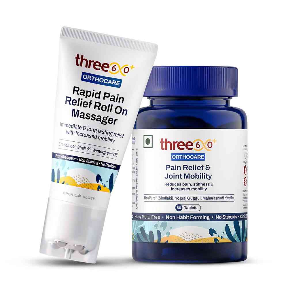 three60+ Rapid Pain Relief & Joint Mobility Combo (60 Tablets + 50ml Roll On Massager)
