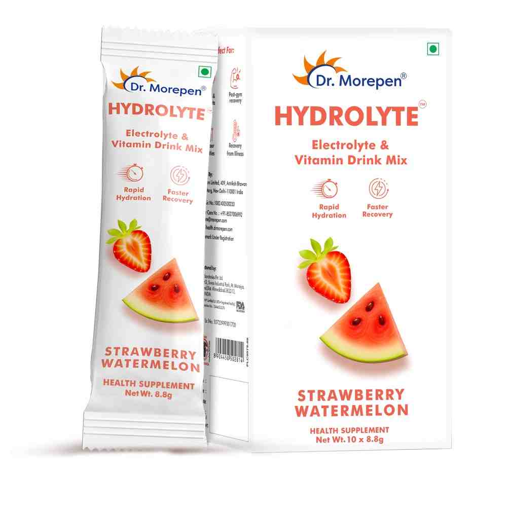 Dr. Morepen Hydrolyte Electrolyte & Vitamin Drink Mix for Rapid Hydration & Faster Recovery, Strawberry Watermelon Flavour  10 Sachets (8.8g Each)