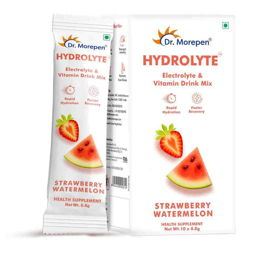 Dr. Morepen Hydrolyte Electrolyte & Vitamin Drink Mix for Rapid Hydration & Faster Recovery, Strawberry Watermelon Flavour  10 Sachets (8.8g Each)