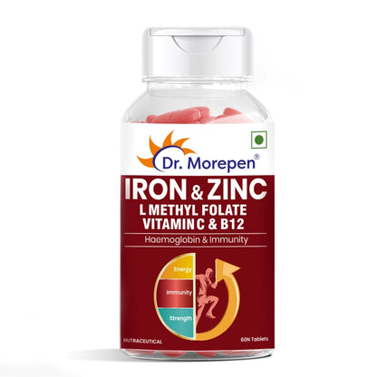 DR. MOREPEN Iron & Zinc Tablets with Vitamin C & B12 for Immunity & Hemoglobin Boost- (60 Veg Tablets)