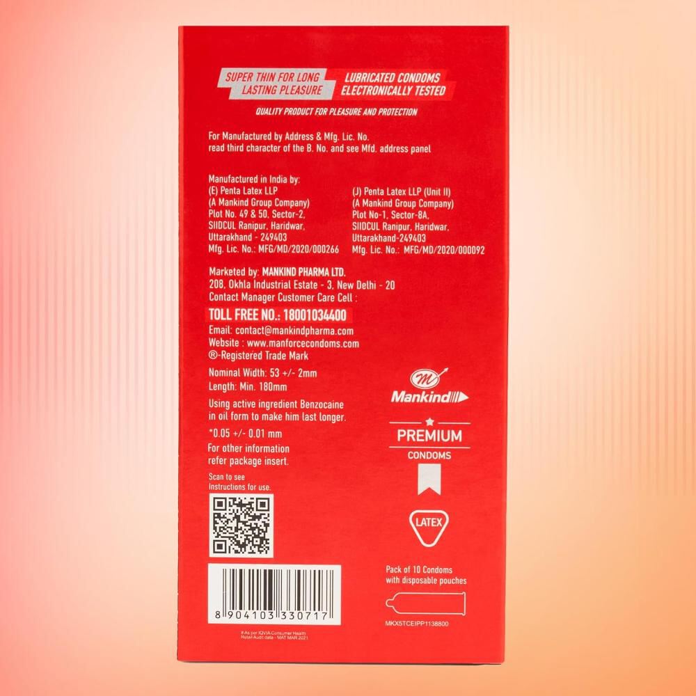 Manforce Epic Pleasure Long Lasting Premium Condom for Men, Super Thin - Raspberry Flavour with Disposable Pouch (10 pcs)