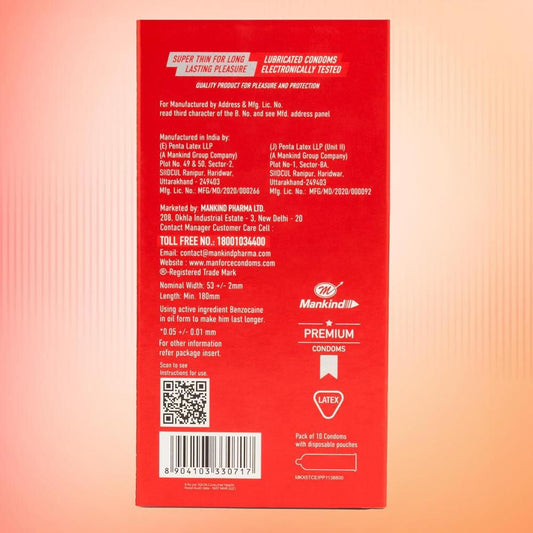 Manforce Epic Pleasure Long Lasting Premium Condom for Men, Super Thin - Raspberry Flavour with Disposable Pouch (10 pcs)