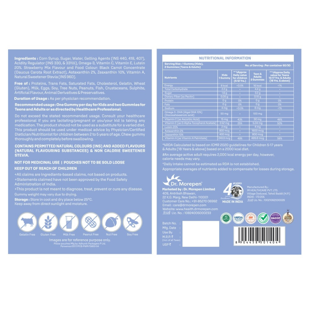 Dr. Morepen Vision Gummies With Lutein, Astaxanthin, Zeaxanthin, Veg Omega, Vitamin A, C & E (60 Gummies)