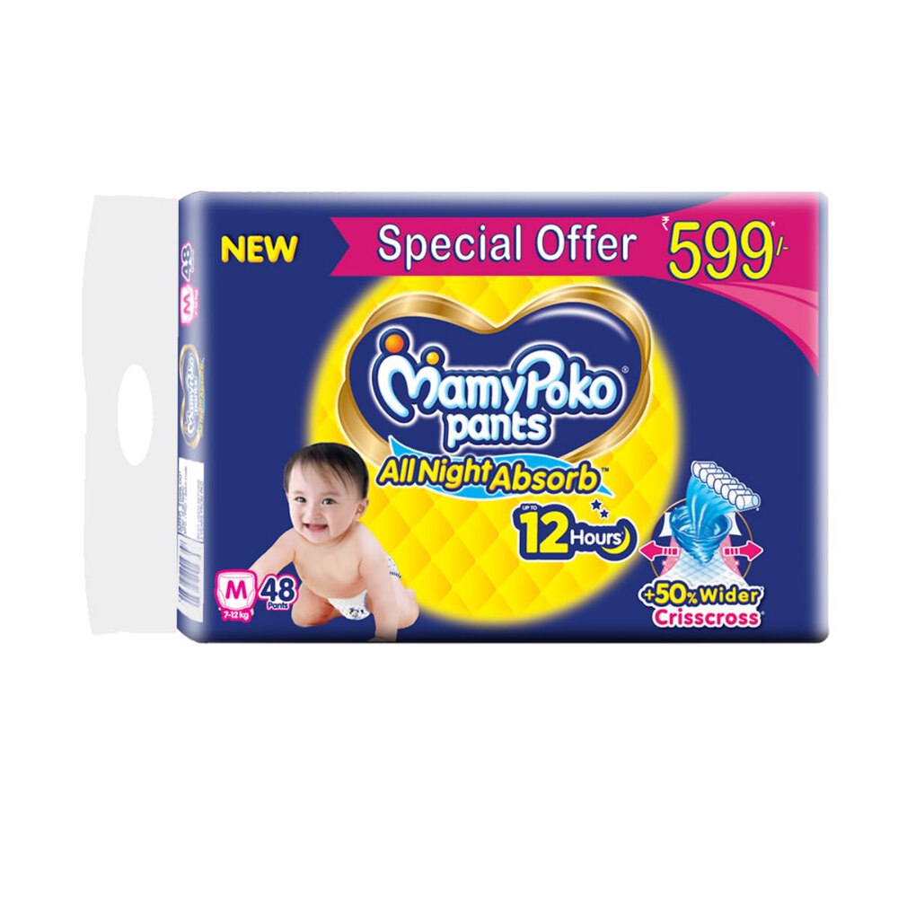 MamyPoko Pants All Night Absorb Baby Diapers, Medium (Pack of 48) 7-12 kg
