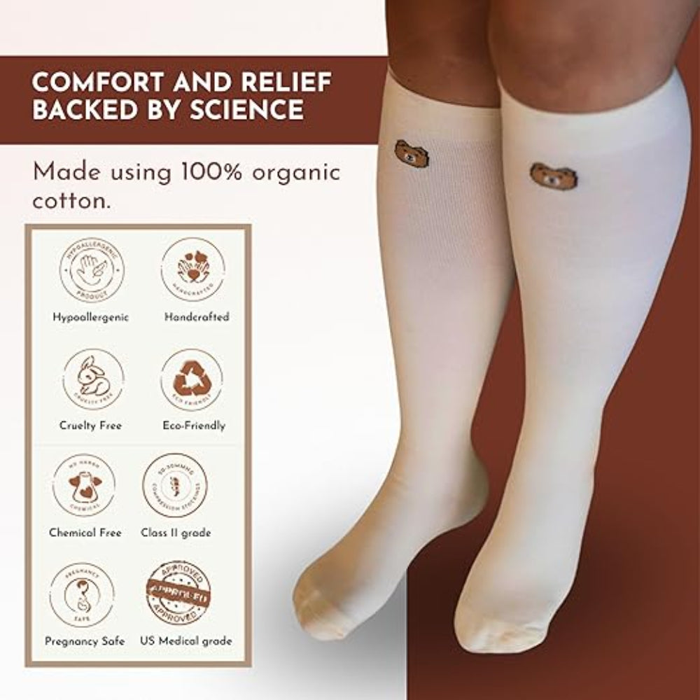 GLO Mama ‘On The Glo’ Compression Stockings for Pregnant Women - Off White- Plain- Large Size