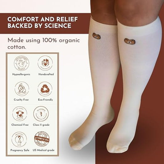 GLO Mama ‘On The Glo’ Compression Stockings for Pregnant Women - Off White- Plain- Large Size