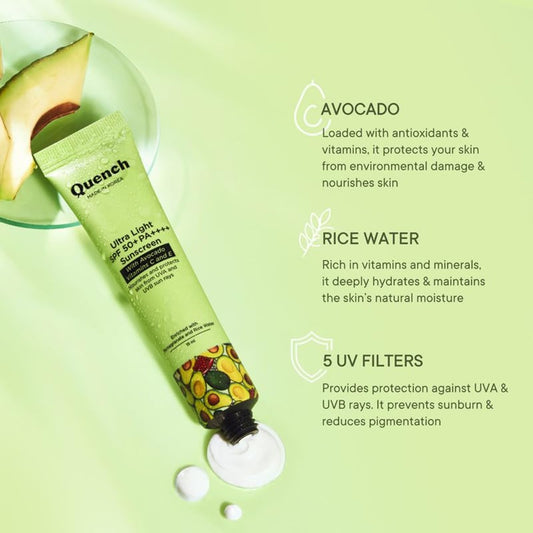 Quench Botanics  Ultra Light SPF 50+ PA++++ Sunscreen with Avocado Vitamins C & E (50ml)